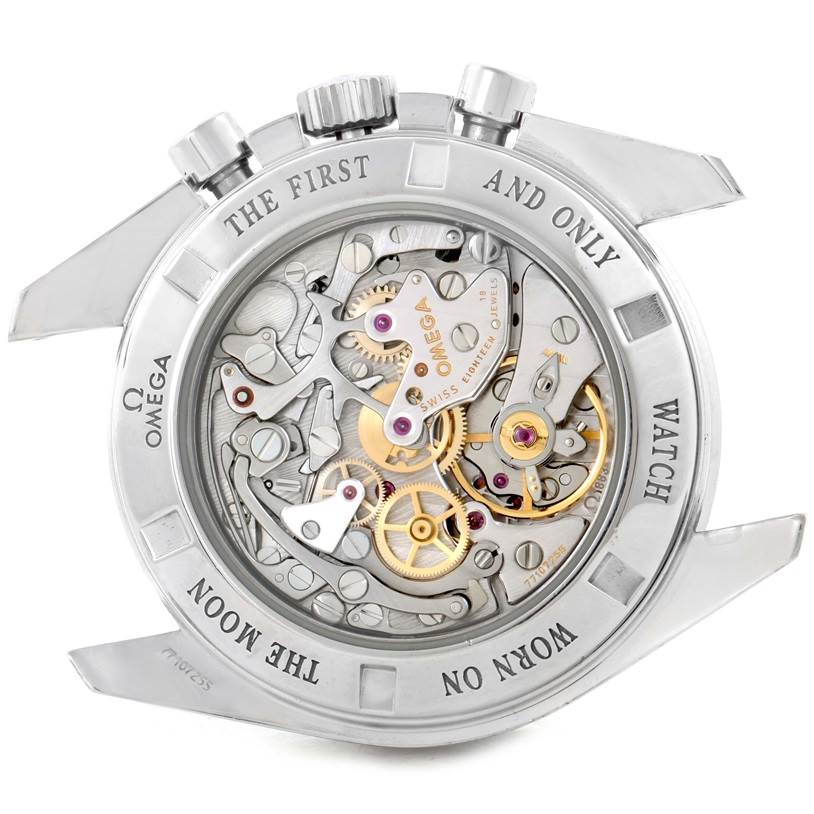 This image shows the back view of the Omega Speedmaster 3573.50.00 Men
s Stainless Steel Black Dial 3573.50.00 Men
s Stainless Steel Black Dial, highlighting its intricate internal mechanisms.