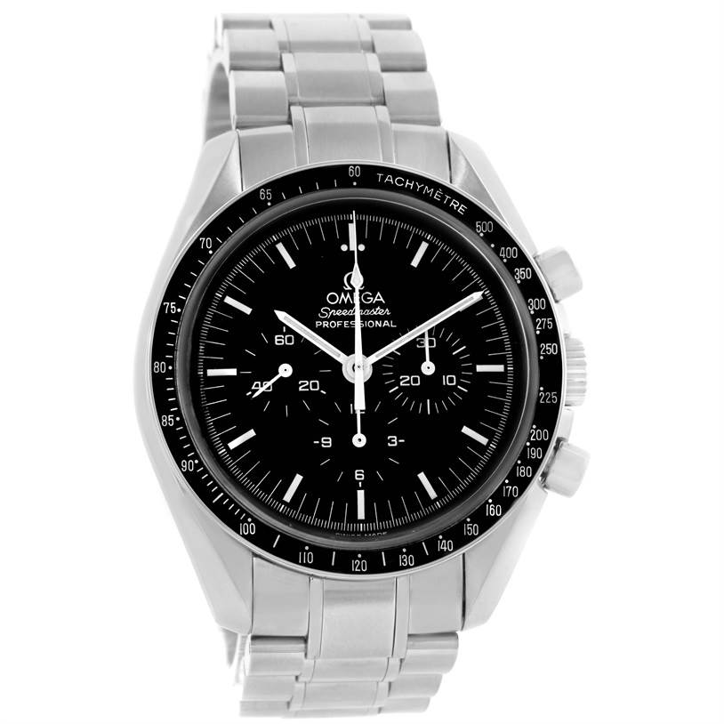 This image shows a front view of an Omega Speedmaster 3571.50.00 Men
s Stainless Steel Black Dial 3571.50.00 Men
s Stainless Steel Black Dial Professional watch, highlighting its face, bezel, and bracelet.