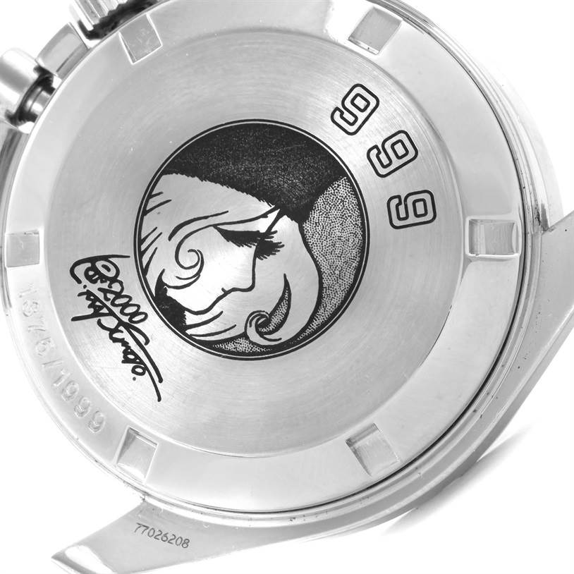 The image shows the back case of an Omega Speedmaster 3571.50.00 Men
s Stainless Steel Black Dial 3571.50.00 Men
s Stainless Steel Black Dial watch, featuring an engraved design and the number 999.