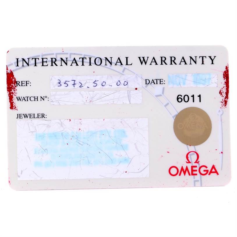 The image shows an international warranty card for the Omega Speedmaster 3572.50.00 Men's Stainless Steel Black Dial 3572.50.00 Men's Stainless Steel Black Dial model.
