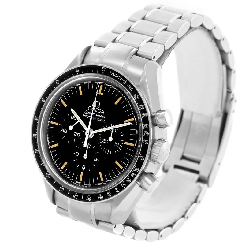 The image shows a front-angle view of an Omega Speedmaster 3572.50.00 Men's Stainless Steel Black Dial 3572.50.00 Men's Stainless Steel Black Dial watch, displaying the face, bezel, and metal bracelet.