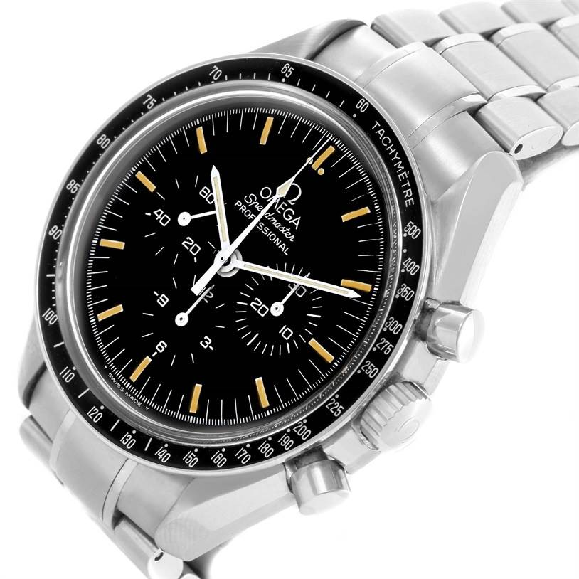 This image shows a close-up view of the dial, bezel, crown, and part of the bracelet of an Omega Speedmaster 3572.50.00 Men's Stainless Steel Black Dial 3572.50.00 Men's Stainless Steel Black Dial watch.