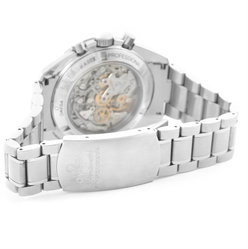 The image shows the back view of the Omega Speedmaster 3572.50.00 Men's Stainless Steel Black Dial 3572.50.00 Men's Stainless Steel Black Dial, highlighting the transparent case back and stainless steel bracelet with clasp.