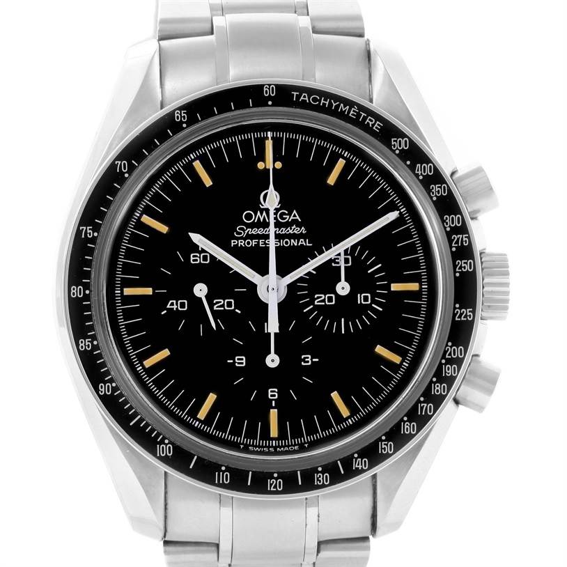 The image shows the Omega Speedmaster 3572.50.00 Men's Stainless Steel Black Dial 3572.50.00 Men's Stainless Steel Black Dial watch front view, highlighting its black dial, chronograph subdials, and tachymeter bezel.