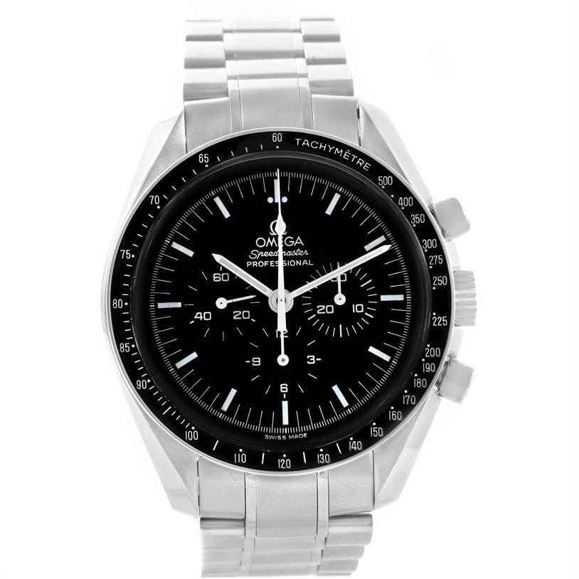 The image shows a frontal view of the Omega Speedmaster 3570.50.00 Men
s Stainless Steel Black Dial 3570.50.00 Men
s Stainless Steel Black Dial watch, displaying its dial, bezel, and metal bracelet.