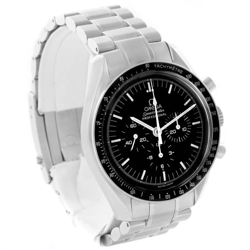 This Omega Speedmaster 3570.50.00 Men
s Stainless Steel Black Dial 3570.50.00 Men
s Stainless Steel Black Dial watch is shown from a front-left angle, displaying its case, bezel, dial, and bracelet.