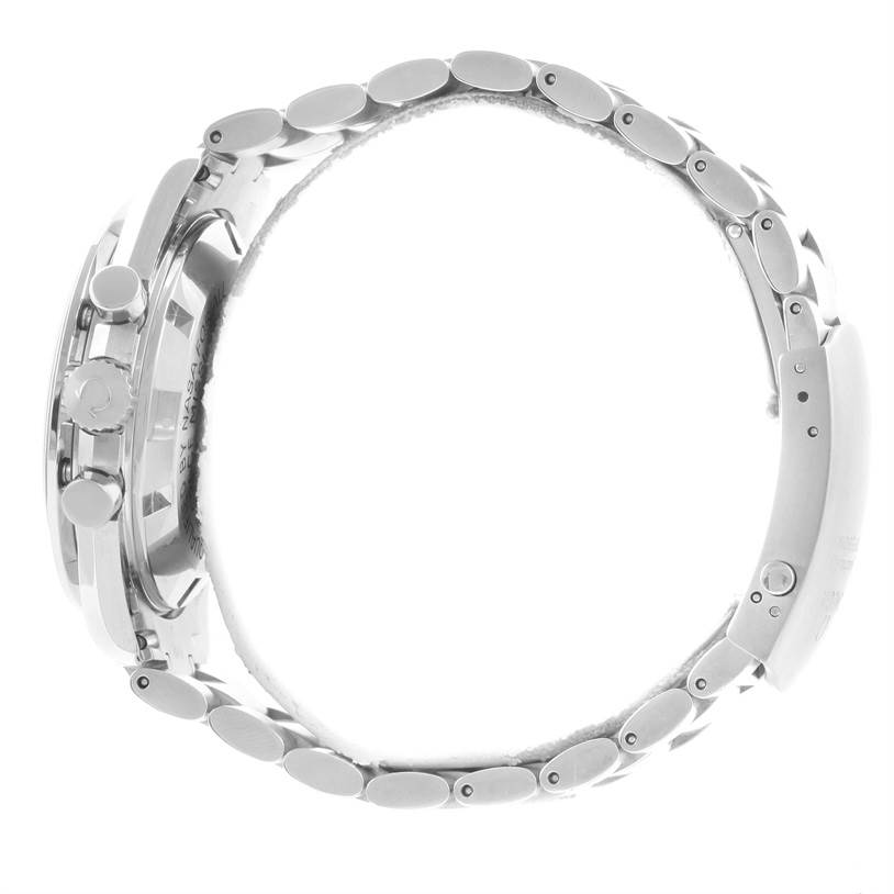 The image shows the side view of an Omega Speedmaster 3570.50.00 Men
s Stainless Steel Black Dial 3570.50.00 Men
s Stainless Steel Black Dial watch, highlighting the bracelet links and side buttons.