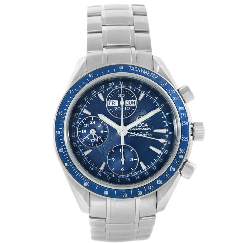 The image shows a front view of an Omega Speedmaster 3222.80.00 Men
s Stainless Steel Blue Dial 3222.80.00 Men
s Stainless Steel Blue Dial watch, displaying its blue dial, subdials, tachymeter bezel, and metal bracelet.