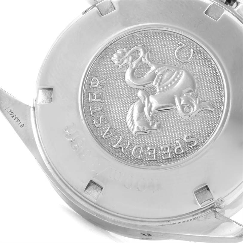 The image shows the case back of the Omega Speedmaster 3222.80.00 Men
s Stainless Steel Blue Dial 3222.80.00 Men
s Stainless Steel Blue Dial watch, highlighting the engraved logo and model name.