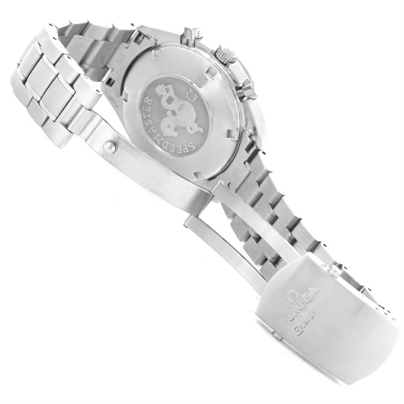 The image shows the backside and clasp of an Omega Speedmaster 3222.80.00 Men
s Stainless Steel Blue Dial 3222.80.00 Men
s Stainless Steel Blue Dial watch, highlighting the engraved case back and metal strap.