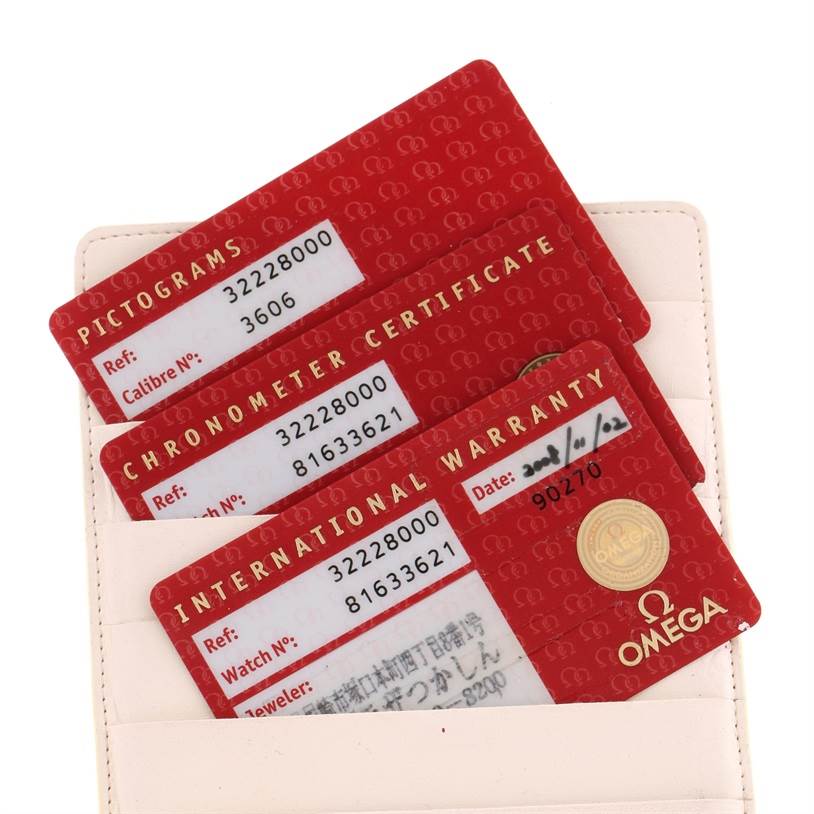 The image shows Omega Speedmaster 3222.80.00 Men
s Stainless Steel Blue Dial 3222.80.00 Men
s Stainless Steel Blue Dial model
s warranty cards, including the pictograms, chronometer certificate, and international warranty.