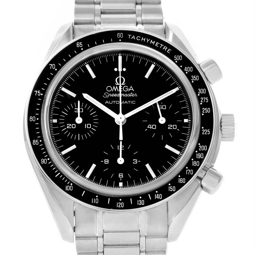This image shows a frontal view of an Omega Speedmaster 3539.50.00 Men
s Stainless Steel Black Dial 3539.50.00 Men
s Stainless Steel Black Dial watch, highlighting its black dial, tachymeter bezel, and stainless steel bracelet.