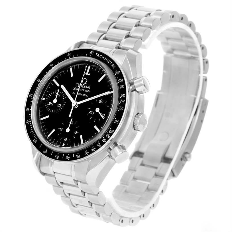 The image shows an Omega Speedmaster 3539.50.00 Men
s Stainless Steel Black Dial 3539.50.00 Men
s Stainless Steel Black Dial watch at a three-quarter angle, highlighting the dial, crown, pushers, and stainless steel bracelet.
