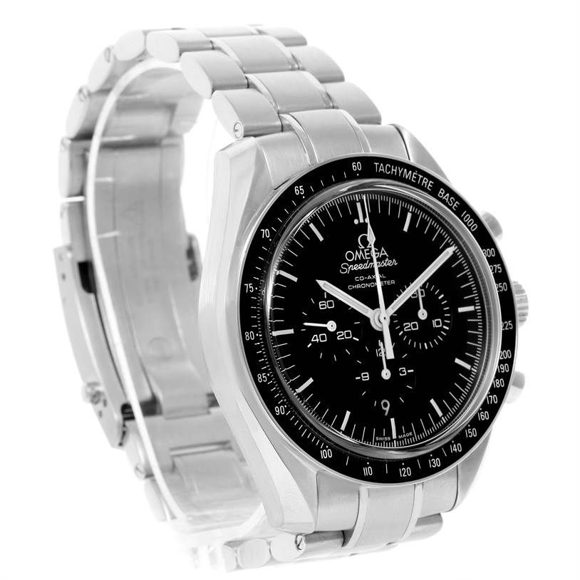 The image shows an Omega Speedmaster 311.30.44.50.01.002 Men
s Stainless Steel Black Dial 311.30.44.50.01.002 Men
s Stainless Steel Black Dial watch at a three-quarter angle, highlighting the face, tachymeter bezel, and stainless steel bracelet.