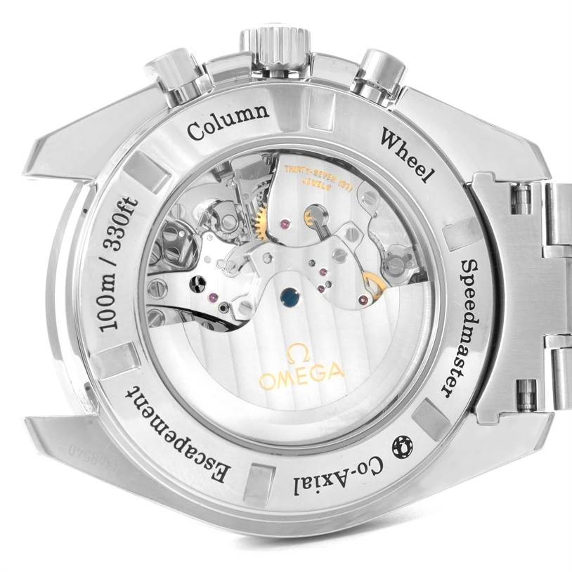 The image shows the back of the Omega Speedmaster 311.30.44.50.01.002 Men
s Stainless Steel Black Dial 311.30.44.50.01.002 Men
s Stainless Steel Black Dial watch, highlighting the movement and case back details.