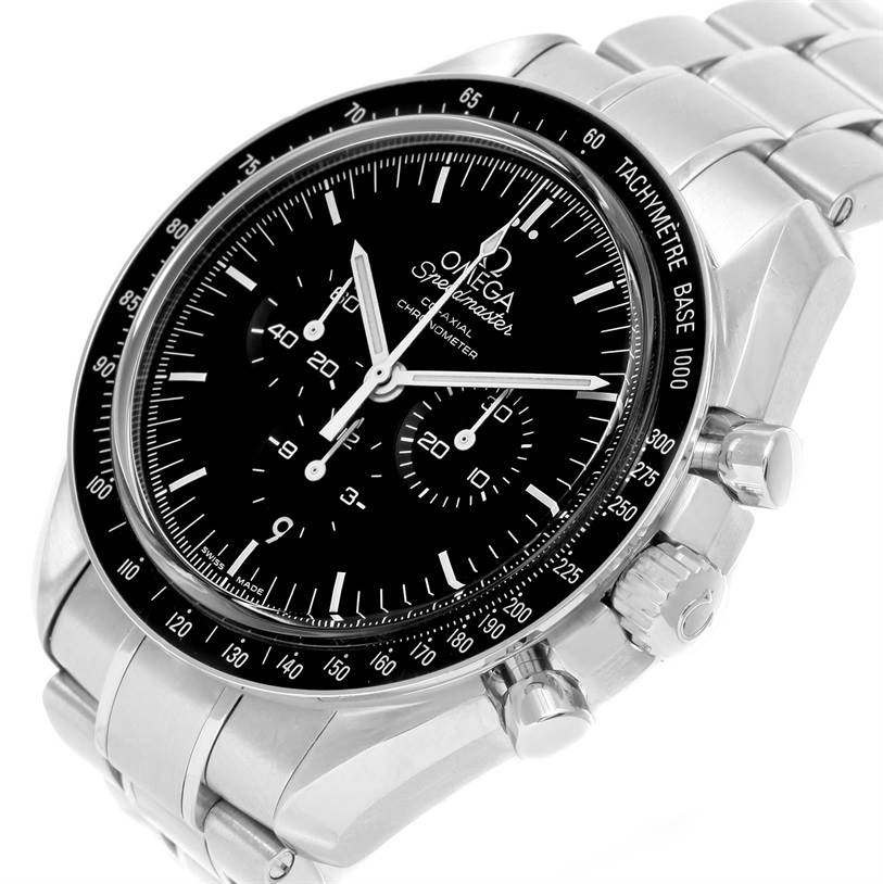 The image shows a close-up view of the Omega Speedmaster 311.30.44.50.01.002 Men
s Stainless Steel Black Dial 311.30.44.50.01.002 Men
s Stainless Steel Black Dial watch, highlighting its black dial, chronograph subdials, and stainless steel bracelet.