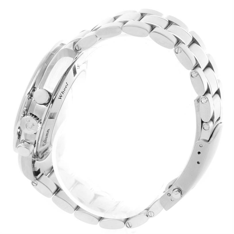 The image shows a side view of an Omega Speedmaster 311.30.44.50.01.002 Men
s Stainless Steel Black Dial 311.30.44.50.01.002 Men
s Stainless Steel Black Dial watch, highlighting the bracelet and crown.