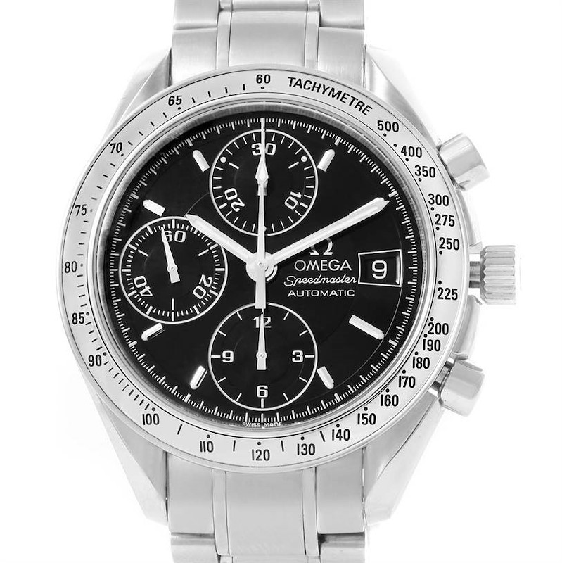 The image features a front view of an Omega Speedmaster watch, showcasing the dial, sub-dials, date window, and tachymeter scale.