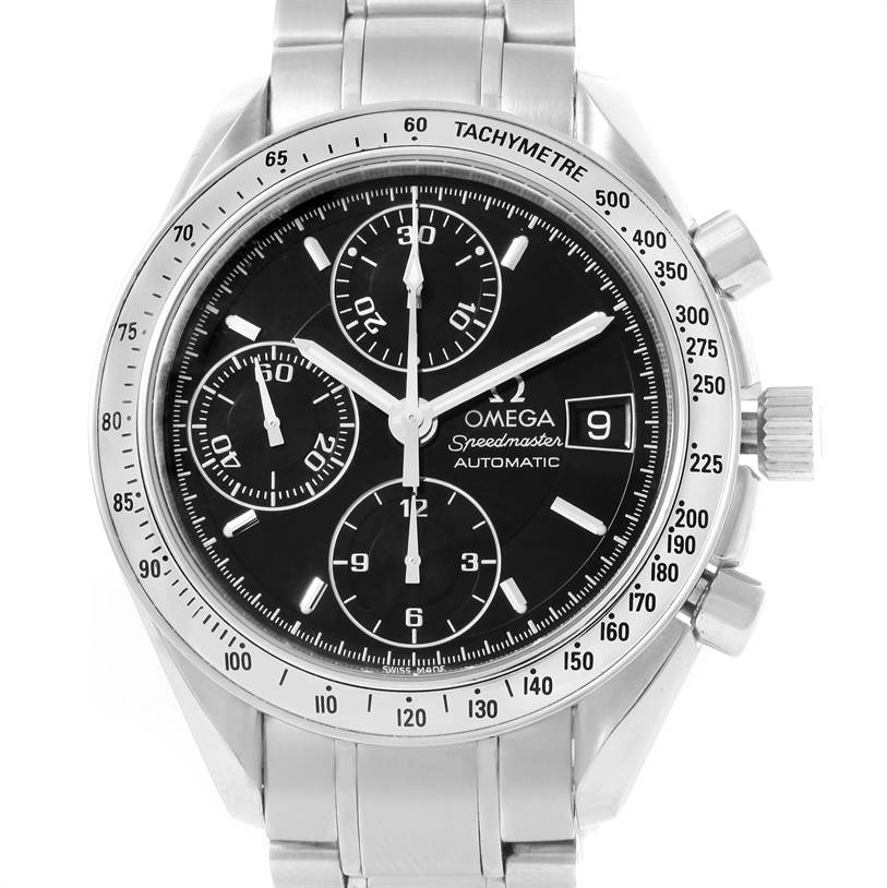The image features a front view of an Omega Speedmaster 3513.50.00 Men
s Stainless Steel Black Dial 3513.50.00 Men
s Stainless Steel Black Dial watch, showcasing the dial, sub-dials, date window, and tachymeter scale.