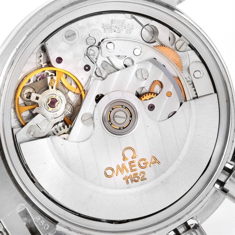 The image shows the intricate movement details of the Omega Speedmaster 3513.50.00 Men
s Stainless Steel Black Dial 3513.50.00 Men
s Stainless Steel Black Dial watch, viewed from the back.