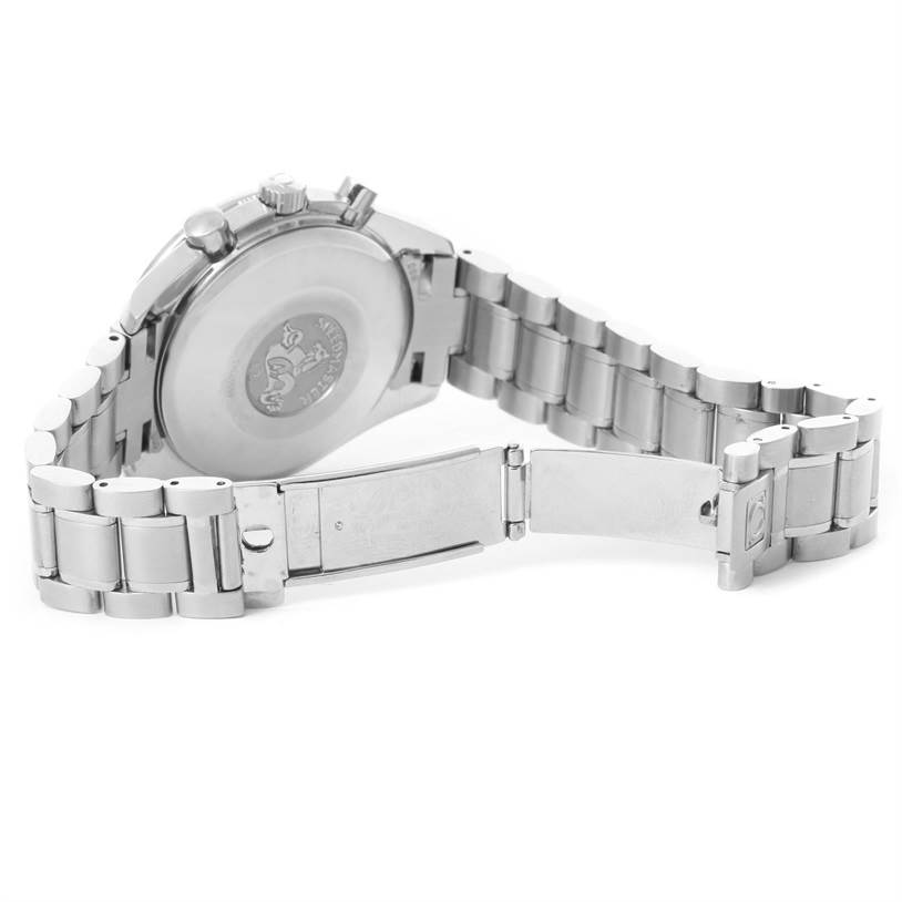 The image shows the back and partially open clasp of an Omega Speedmaster 3513.50.00 Men
s Stainless Steel Black Dial 3513.50.00 Men
s Stainless Steel Black Dial watch, highlighting its stainless steel bracelet and case back.