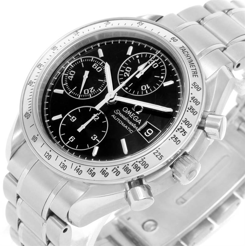 This image shows an Omega Speedmaster 3513.50.00 Men
s Stainless Steel Black Dial 3513.50.00 Men
s Stainless Steel Black Dial watch from an angled top view, highlighting the black dial, sub-dials, tachymeter bezel, and stainless steel bracelet.