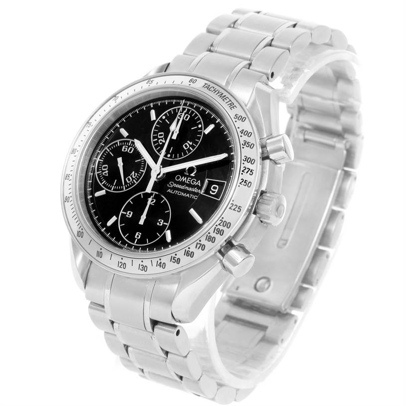 This image shows an Omega Speedmaster 3513.50.00 Men
s Stainless Steel Black Dial 3513.50.00 Men
s Stainless Steel Black Dial watch at a slight right-side angle, highlighting its black dial, tachymeter bezel, and metal bracelet.