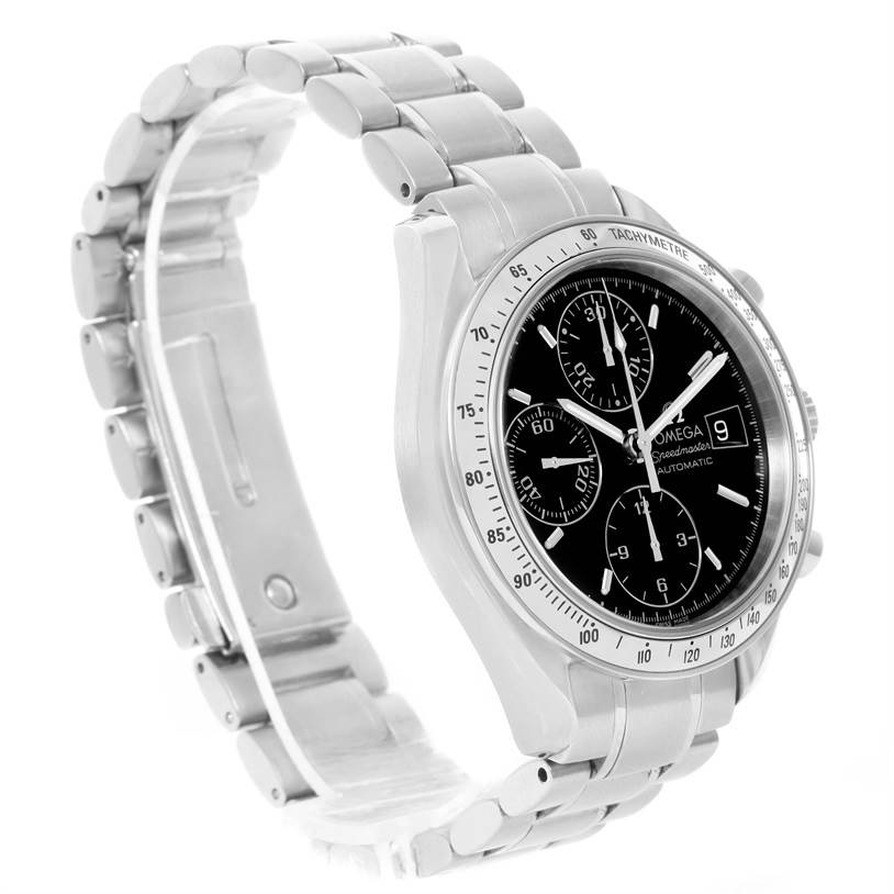 The image shows an Omega Speedmaster 3513.50.00 Men
s Stainless Steel Black Dial 3513.50.00 Men
s Stainless Steel Black Dial watch at a slight side angle, displaying its face, bezel, and stainless steel bracelet.