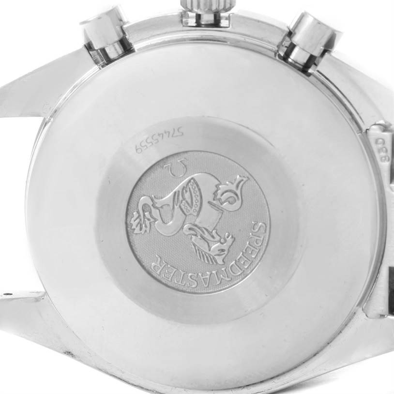 The image shows the back case of an Omega Speedmaster 3513.50.00 Men
s Stainless Steel Black Dial 3513.50.00 Men
s Stainless Steel Black Dial watch, highlighting the engraved logo and crown pushers.