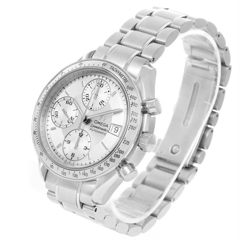 The image shows an Omega Speedmaster 3513.30.00 Men's Stainless Steel Silver Dial 3513.30.00 Men's Stainless Steel Silver Dial watch at a three-quarter angle, highlighting its face, bezel, pushers, and bracelet.