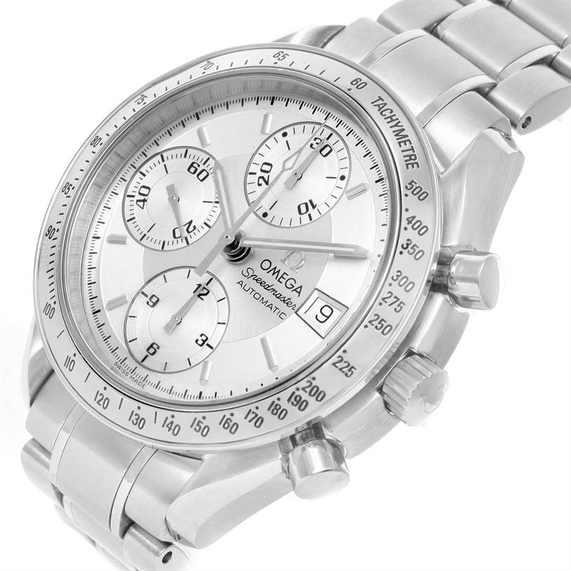 The image shows a close-up, angled view of the Omega Speedmaster 3513.30.00 Men's Stainless Steel Silver Dial 3513.30.00 Men's Stainless Steel Silver Dial watch, highlighting the dial, subdials, and bracelet.