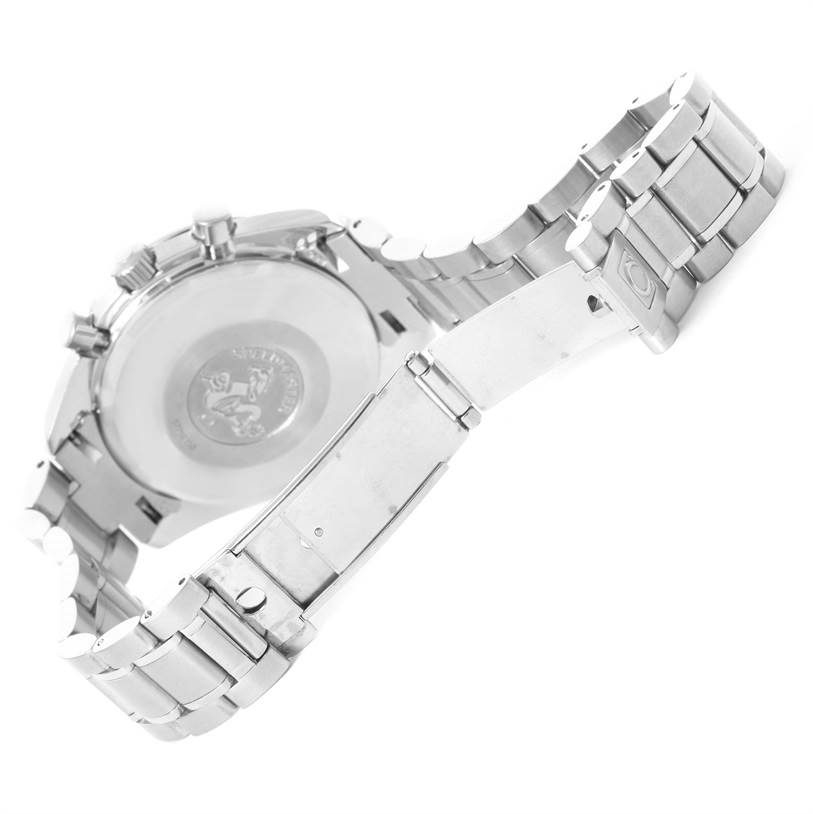 The image shows the back and clasp of an Omega Speedmaster 3513.30.00 Men's Stainless Steel Silver Dial 3513.30.00 Men's Stainless Steel Silver Dial watch, highlighting the metal bracelet and case back.