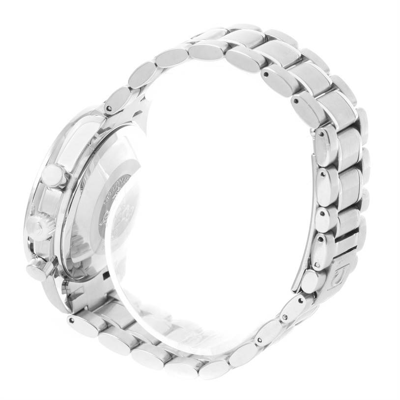 The image shows the side view of an Omega Speedmaster 3513.30.00 Men's Stainless Steel Silver Dial 3513.30.00 Men's Stainless Steel Silver Dial watch, highlighting the stainless steel bracelet and the side of the case with pushers.