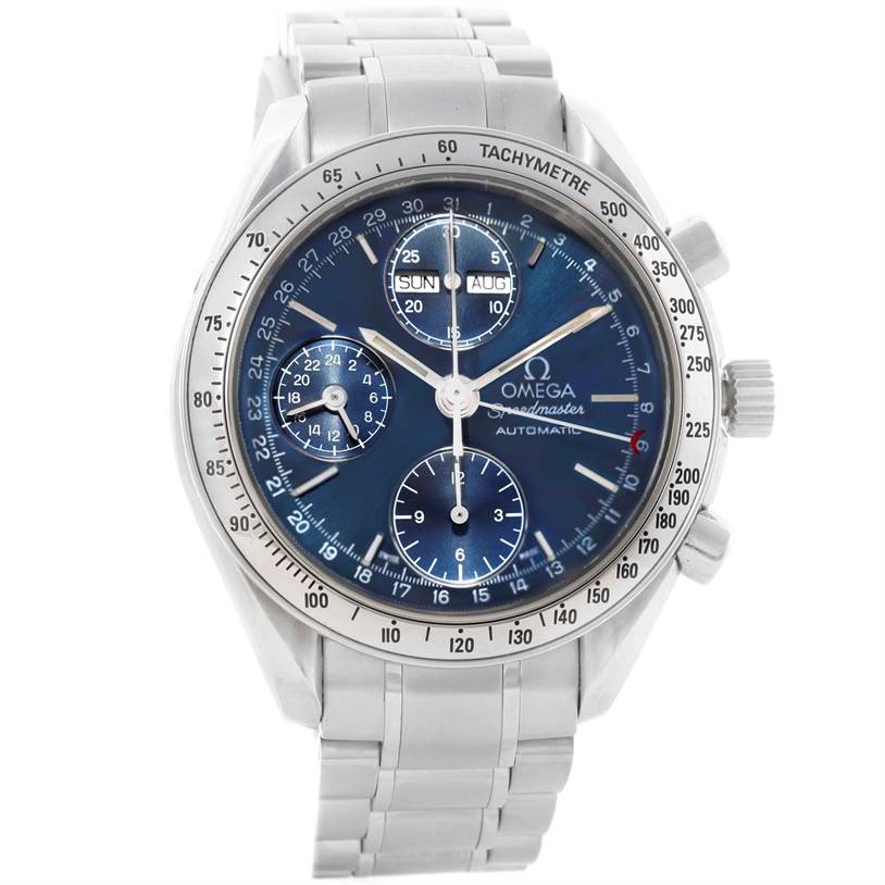 This image shows a front view of an Omega Speedmaster 3521.80.00 Men
s Stainless Steel Blue Dial 3521.80.00 Men
s Stainless Steel Blue Dial watch, highlighting its dial, bezel, subdials, and bracelet.