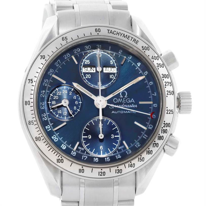 This image shows a front angle view of an Omega Speedmaster 3521.80.00 Men
s Stainless Steel Blue Dial 3521.80.00 Men
s Stainless Steel Blue Dial watch, highlighting the dial, tachymeter bezel, and bracelet.