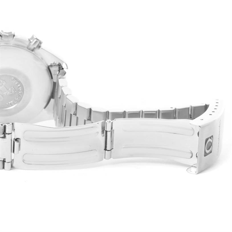 The image shows the back view of an Omega Speedmaster 3521.80.00 Men
s Stainless Steel Blue Dial 3521.80.00 Men
s Stainless Steel Blue Dial watch, focusing on the bracelet and clasp.