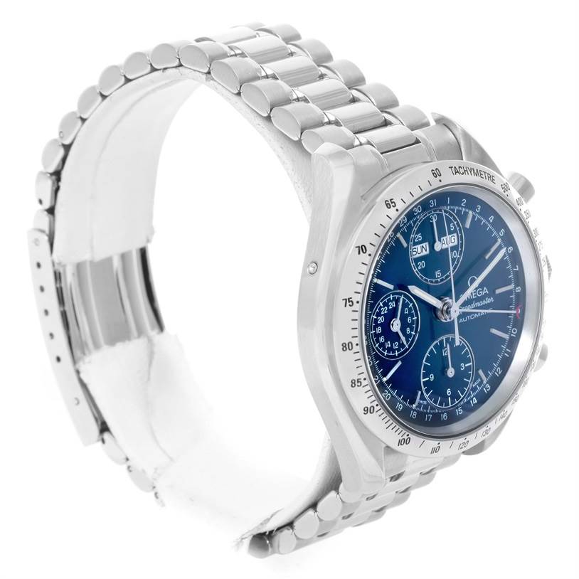 The image shows an angled side view of the Omega Speedmaster 3521.80.00 Men
s Stainless Steel Blue Dial 3521.80.00 Men
s Stainless Steel Blue Dial watch, highlighting its metallic band and detailed face.