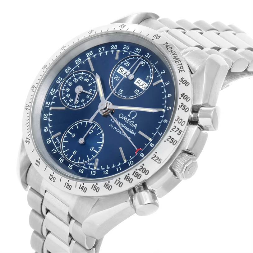 This image displays an Omega Speedmaster 3521.80.00 Men
s Stainless Steel Blue Dial 3521.80.00 Men
s Stainless Steel Blue Dial watch at a slight angle, showing its blue dial, tachymeter, chronograph subdials, and stainless steel bracelet.