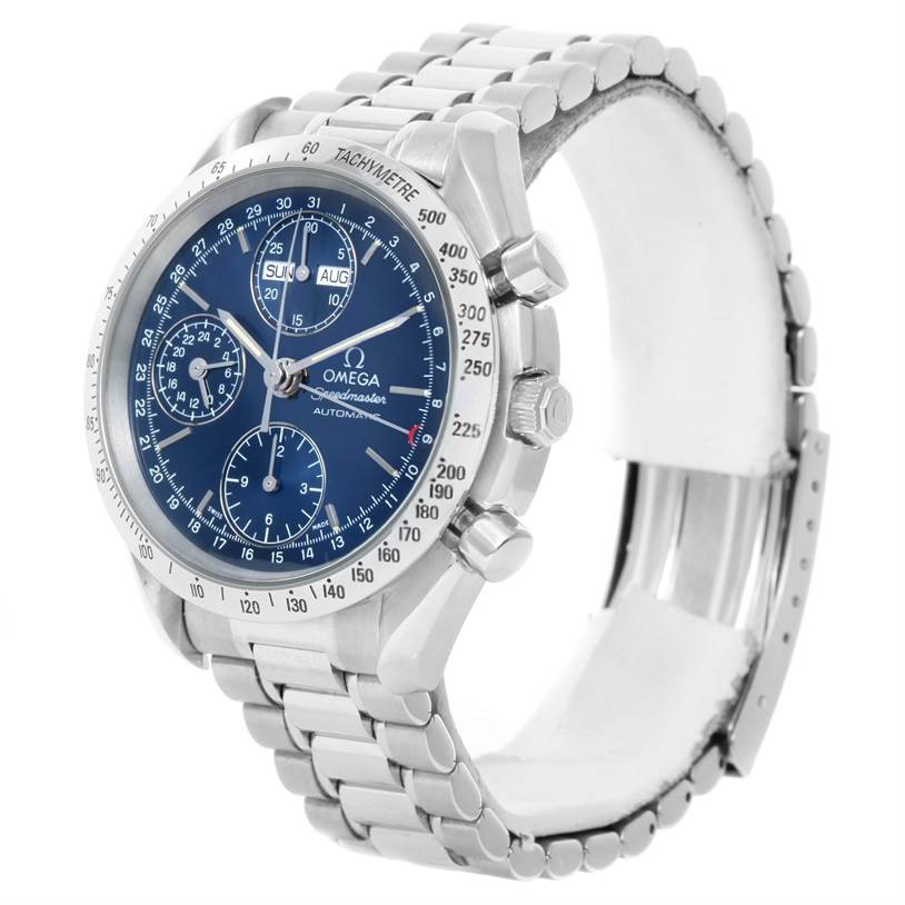 The image shows a side view of the Omega Speedmaster 3521.80.00 Men
s Stainless Steel Blue Dial 3521.80.00 Men
s Stainless Steel Blue Dial watch, highlighting its blue dial, chronograph sub-dials, pushers, and stainless steel bracelet.