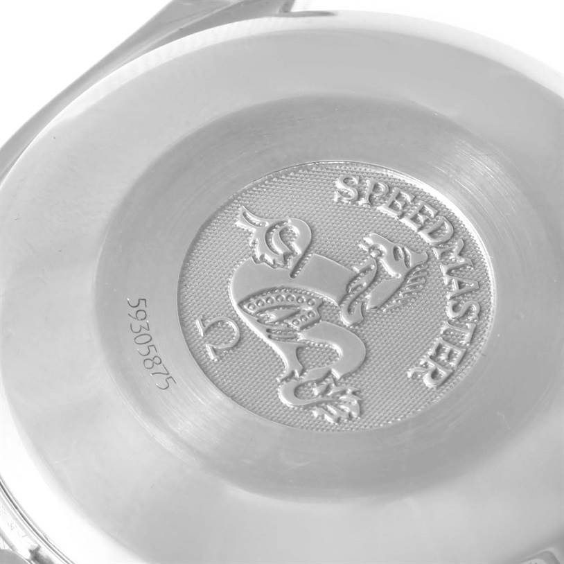 This image shows the engraved case back of an Omega Speedmaster 3513.50.00 Men
s Stainless Steel Black Dial 3513.50.00 Men
s Stainless Steel Black Dial watch viewed from the underside.