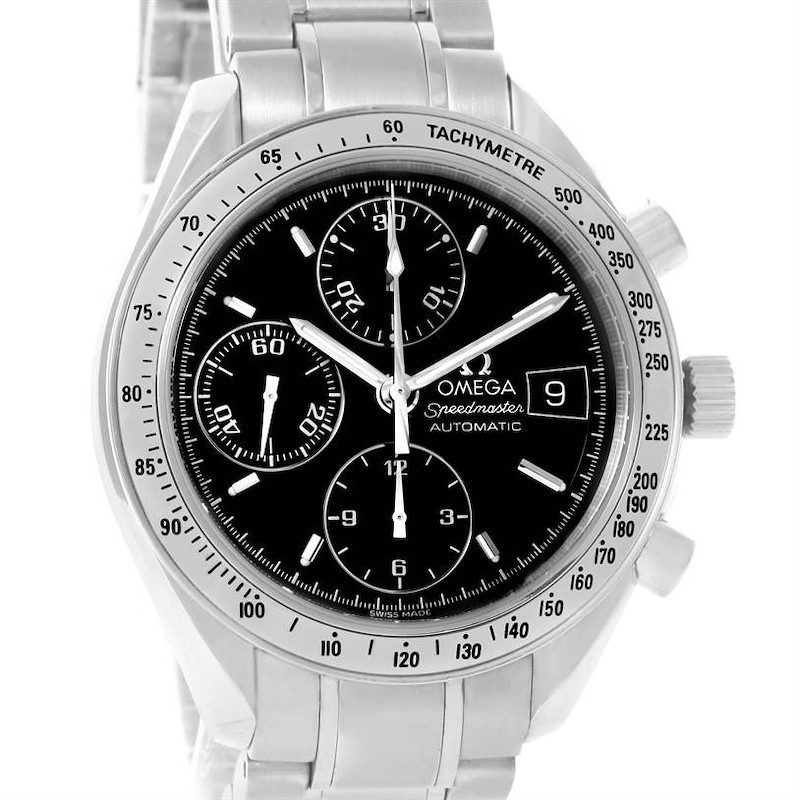 This is a frontal view of the Omega Speedmaster watch showcasing its face, subdials, date display, and tachymeter bezel.