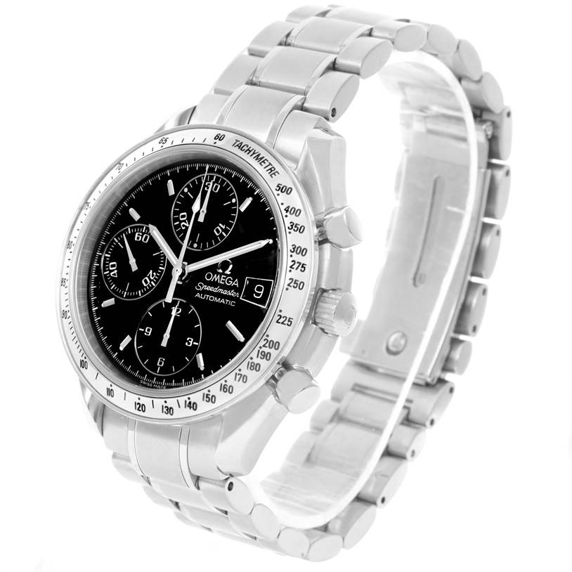 The Omega Speedmaster 3513.50.00 Men
s Stainless Steel Black Dial 3513.50.00 Men
s Stainless Steel Black Dial watch is shown at a three-quarter angle, highlighting the dial, bezel, and stainless steel bracelet.