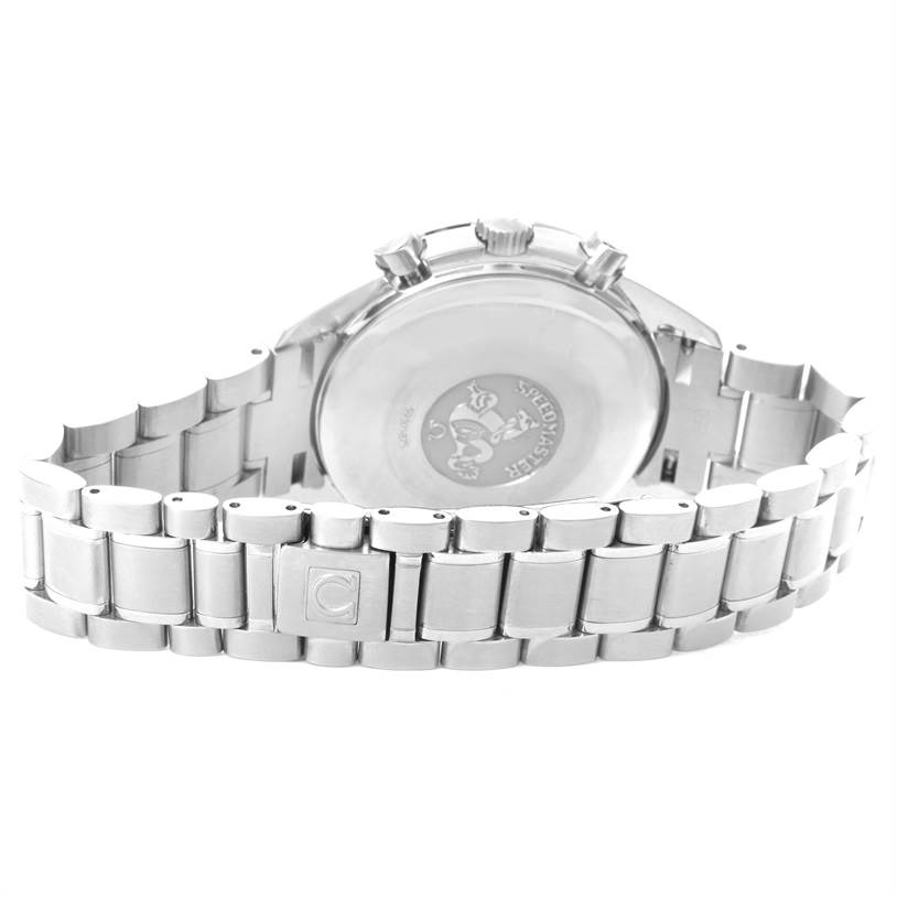 The image shows the back view of an Omega Speedmaster 3513.50.00 Men
s Stainless Steel Black Dial 3513.50.00 Men
s Stainless Steel Black Dial watch, highlighting the case back and metal bracelet.