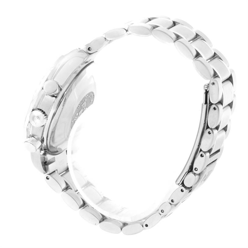 The image shows a side view of the Omega Speedmaster 3513.50.00 Men
s Stainless Steel Black Dial 3513.50.00 Men
s Stainless Steel Black Dial watch, focusing on the metal bracelet, crown, and pushers.