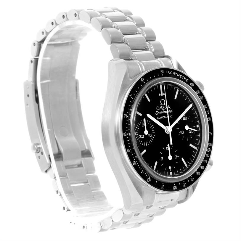 The image shows an Omega Speedmaster 3539.50.00 Men
s Stainless Steel Black Dial 3539.50.00 Men
s Stainless Steel Black Dial watch from a front-left angle, highlighting its case, bracelet, and dial.