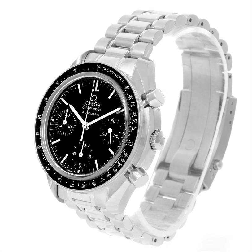 This image shows an Omega Speedmaster 3539.50.00 Men
s Stainless Steel Black Dial 3539.50.00 Men
s Stainless Steel Black Dial watch from a three-quarter angle, highlighting the face, bezel, and metal bracelet strap.