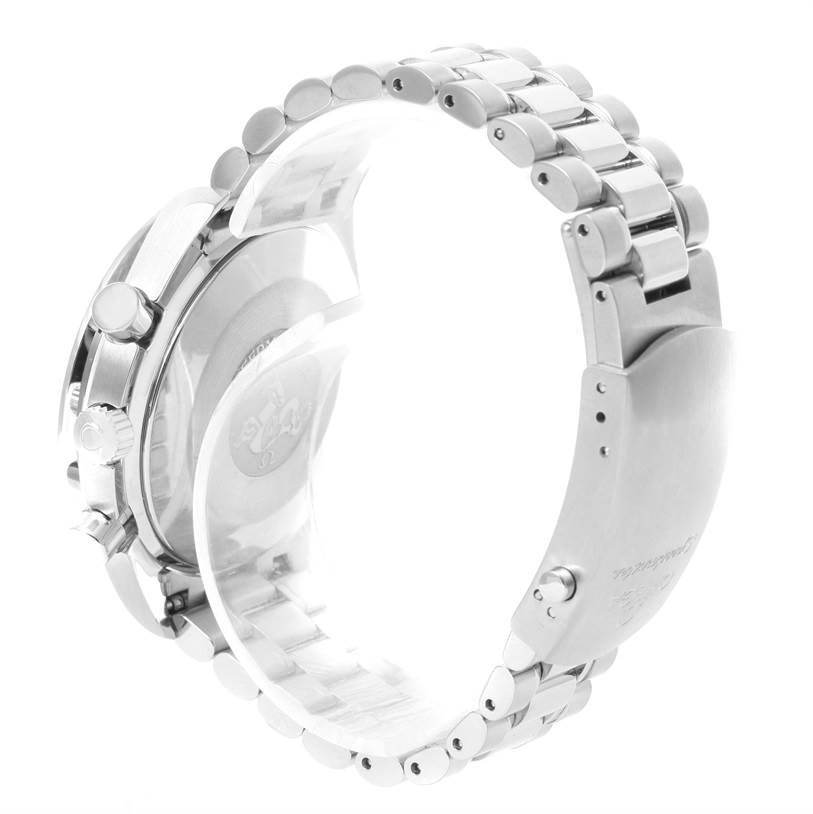 The image shows the back case and bracelet of an Omega Speedmaster 3539.50.00 Men
s Stainless Steel Black Dial 3539.50.00 Men
s Stainless Steel Black Dial watch from a side angle.