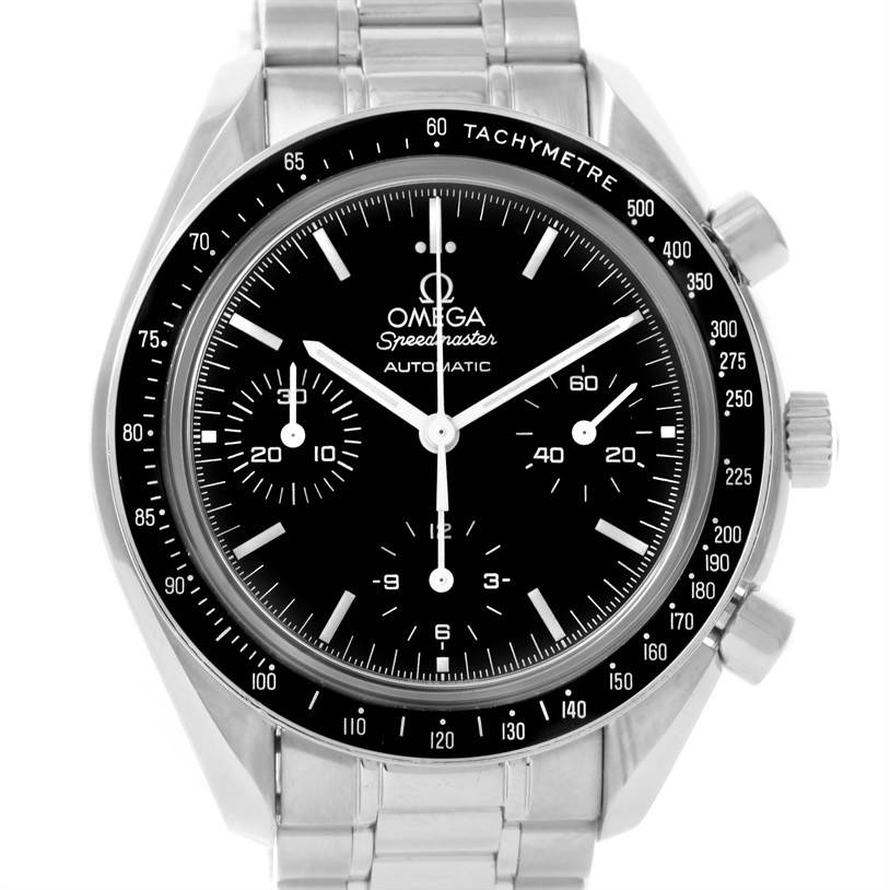 The image shows a front view of an Omega Speedmaster 3539.50.00 Men
s Stainless Steel Black Dial 3539.50.00 Men
s Stainless Steel Black Dial watch, displaying the dial, tachymetre bezel, and part of the stainless steel bracelet.
