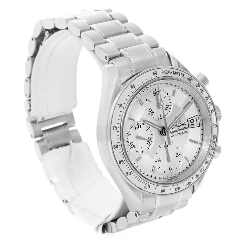 The Omega Speedmaster 3513.30.00 Men's Stainless Steel Silver Dial 3513.30.00 Men's Stainless Steel Silver Dial watch is shown at a slight right-side angle, displaying the face, bezel, bracelet, and side buttons.