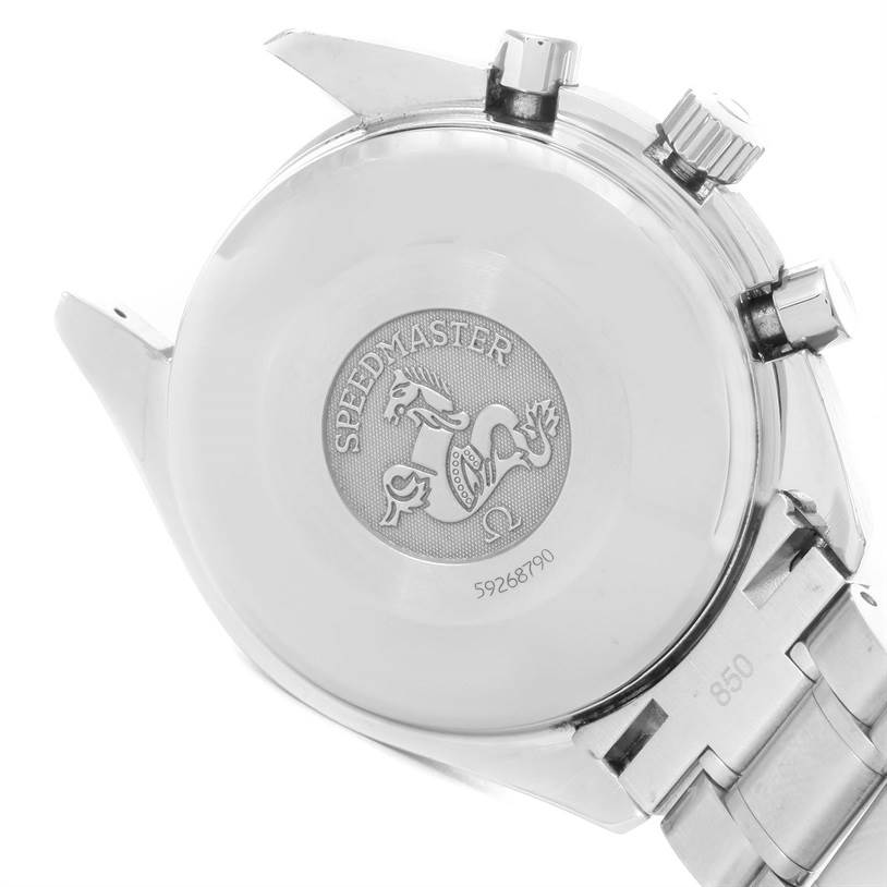 This image shows the back case of an Omega Speedmaster 3513.30.00 Men's Stainless Steel Silver Dial 3513.30.00 Men's Stainless Steel Silver Dial watch, including the embossed logo and partial bracelet.